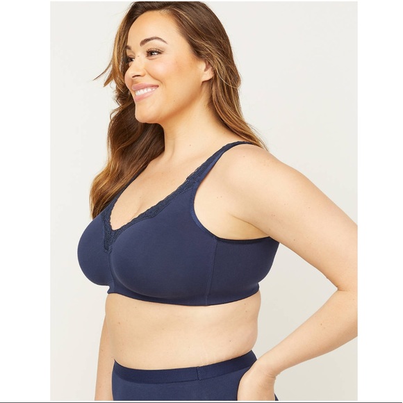 New Plus Size No Wire Cotton Comfort Lace Bra Navy - Picture 3 of 16